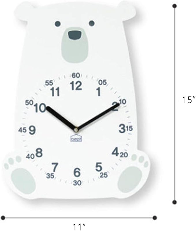 Silent Kids Wall Clock - Animal Wooden Clock for Home, Nursery, Office, Baby Room - Non-Ticking, Decorative, Cute (White Polar Bear)