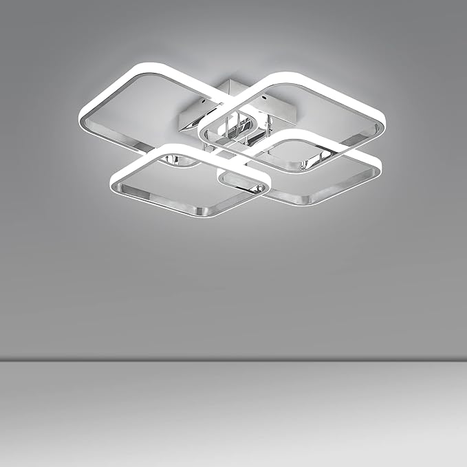 Dimmable Modern Led Ceiling Light, 4 Rings Square Ceiling Lamp with Remote Control, 48W Chrome Acrylic Ceiling Lighting Fixture for Living Room Dining Room Kitchen Office Lamps