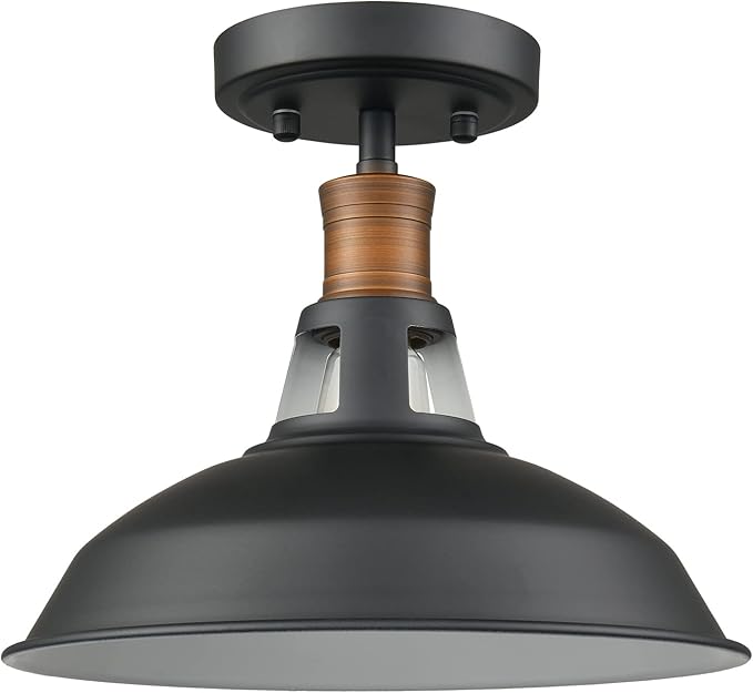 CLAXY 1-Light Semi Flush Mount Light Fixture Farmhouse Ceiling Light with Black and White Shade Dimmable