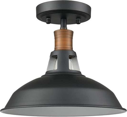 CLAXY 1-Light Semi Flush Mount Light Fixture Farmhouse Ceiling Light with Black and White Shade Dimmable