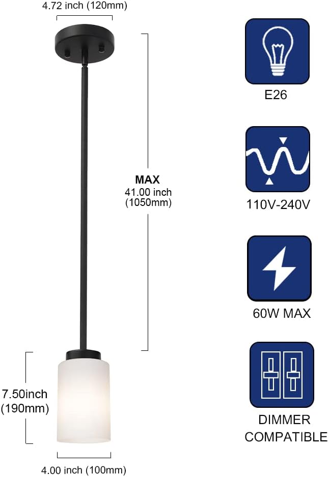 Black Pendant Light Fixture with Opal White Glass, Farmhouse Mini Chandelier for Kitchen Island Hallway