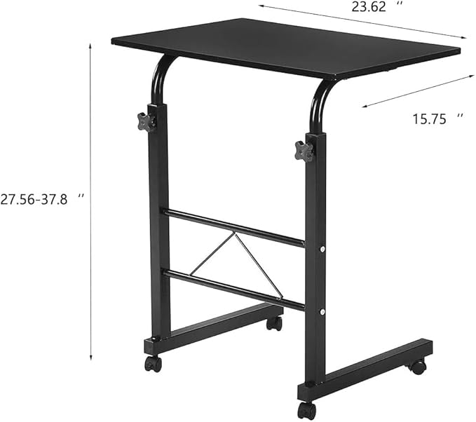 Goujxcy Sofa Side Table C Shaped End Table with Wheels, Black Rolling Bedside Laptop Table Snack Table TV Tray, Height Adjustable, Wooden Top & Metal Frame