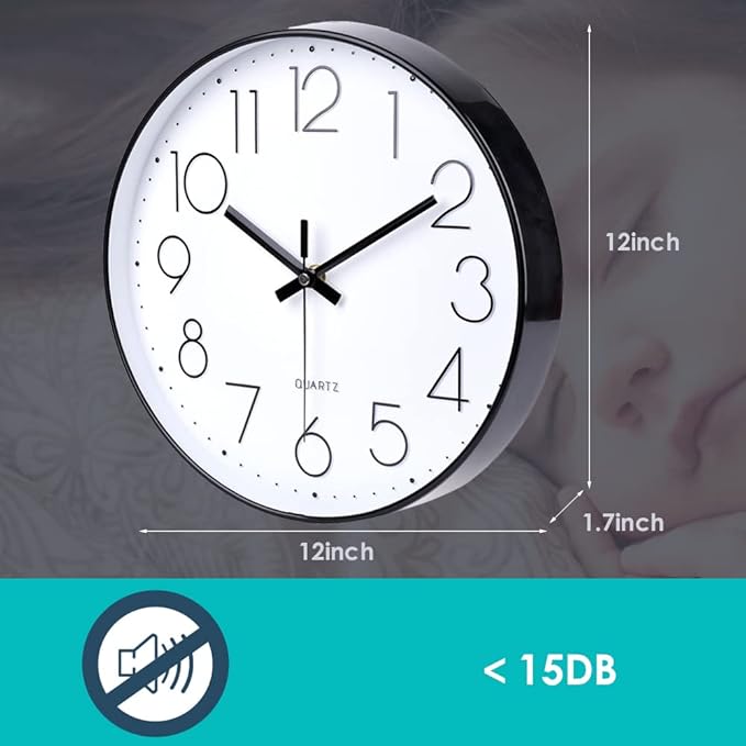 jomparis 12 Inch Modern Wall Clock Silent Non Ticking Battery Operated Quartz Decorative Round Wall Clock for Office Classroom School (Black)