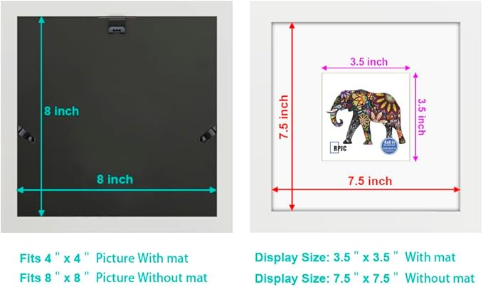 RPJC 8x8 Soild Wood Picture Frame with High Definition Glass Display Pictures 4x4 with Mat or 8x8 Without Mat for Wall Mounting Hanging Photo Frame White