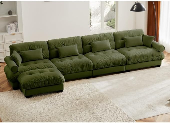 Ball & Cast L Shaped Sectional Cloud Sofa,166" Modular Velvet Sectional Couch with Movable Ottoman,4 Seater Couches w/Waist Pillow,Throw Pillows and Blostered Armrest,for Living Room,Olive Green