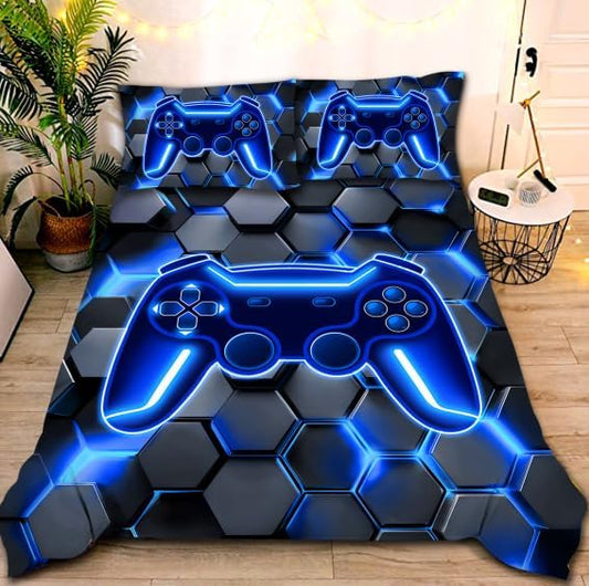 NTBED 3D Gaming Comforter Set for Boys Kids Teens,5pcs Gamer Bedding Sets with Sheet,Game Console Bed in a Bag (Blue, Full)