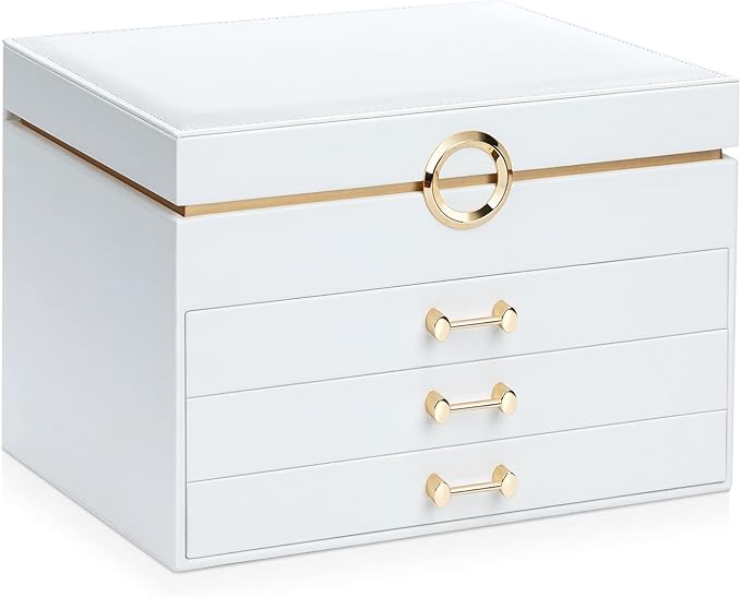 Jewelry Organizer Box, Women Jewelry Box White Jewelry Case 3-Layer with 3 Drawers, Jewelry Boxes for Women Jewelry Organizer, White