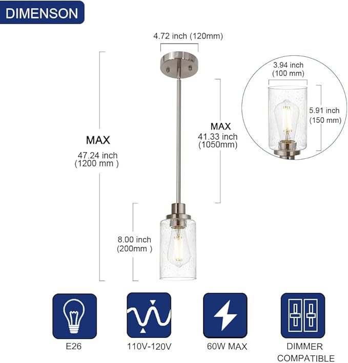 Pendant Light Fixture in Brushed Nickel Finish, 1-Light Modern Hanging Lighting Over Table, Adjustable Kitchen Island Lighting for Hallway Bedroom Office Bar Farmhouse