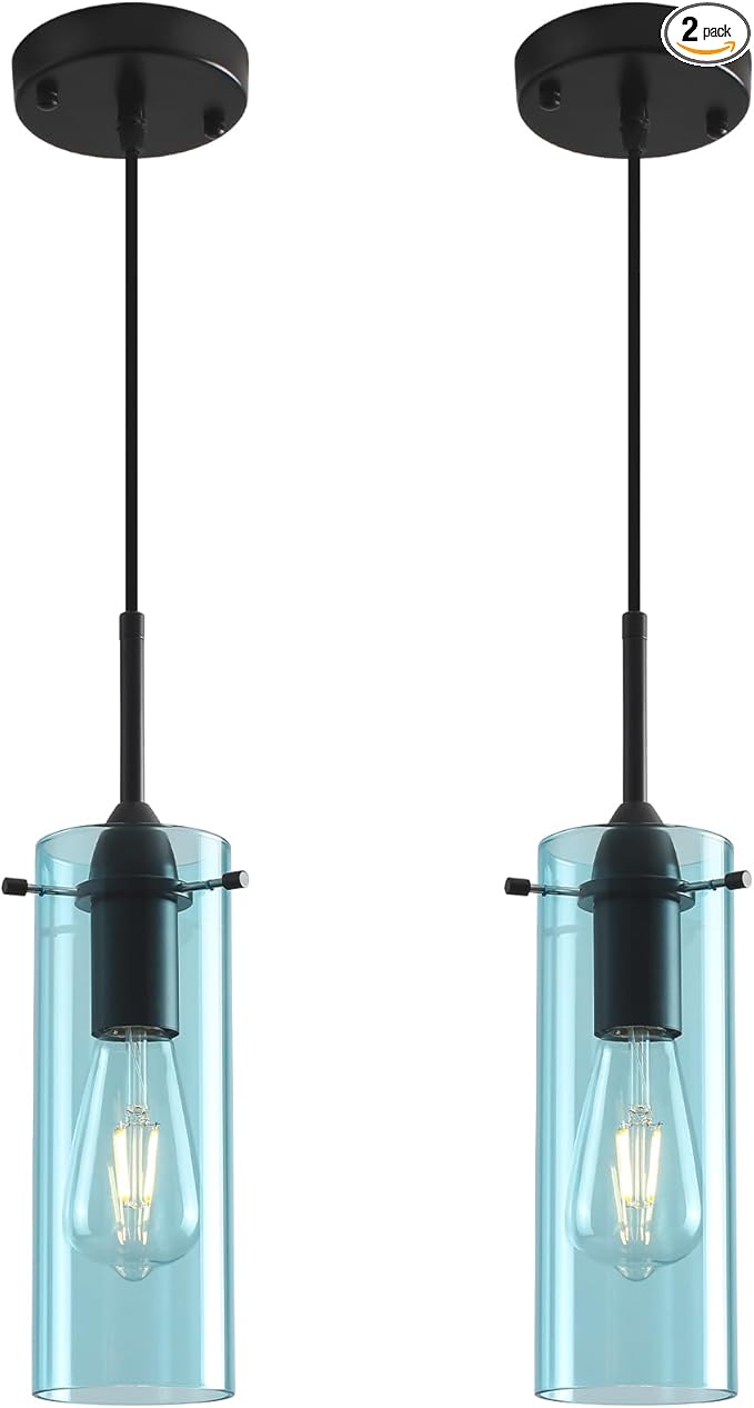 Blue Pendant Lights 2 Packs, Island Pendant Lights for Kitchen, Blown Glass Pendant Light Kitchen Island, Kitchen Pendant Light for Kitchen Island, Bedroom, Living Room, Bathroom