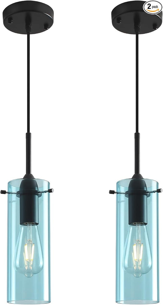 Blue Pendant Lights 2 Packs, Island Pendant Lights for Kitchen, Blown Glass Pendant Light Kitchen Island, Kitchen Pendant Light for Kitchen Island, Bedroom, Living Room, Bathroom