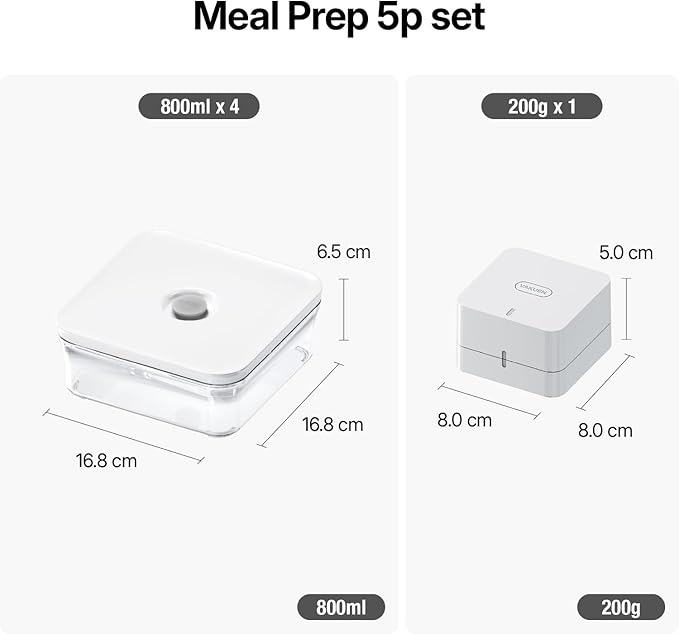 Premium Airtight Food Storage Container. Meal Prep 0.85qt 5pc/Set. 4pcs Container and Vacuum Sealer. Patented Double Silicone Lining, 100% Leak Proof, BPA-FREE