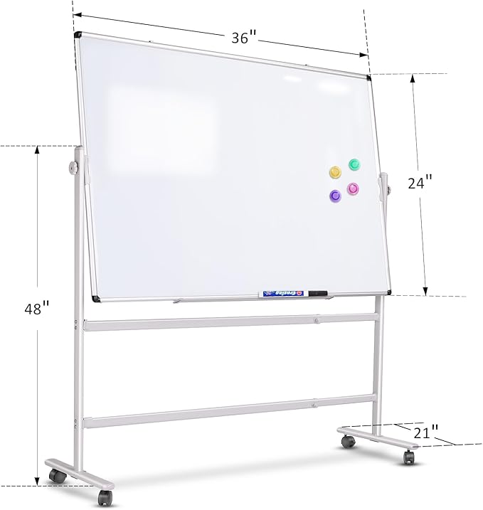 Large Rolling White Board 48x36 in, Dry Erase Board with Stand, Double-Sided Magnetic Mobile Whiteboard, Height-Adjustable for Office Classroom and Home