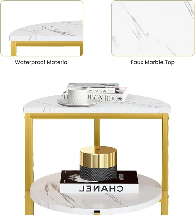AWQM Marble Side End Table, 3-Tier Sofa Side Table,Small Round Coffee Table Bedside Table, Corner Table w/Metal Frame for Living Room Bedroom, White+Gold