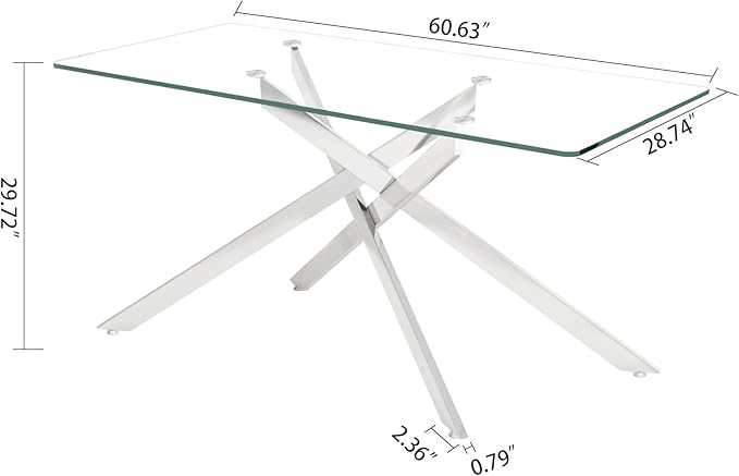 60.6'' Tempered Glass Dining Table for 4-6 People, Rectangle Kitchen Table with X-Base Metal Legs, Adjustable Feet, Glass Top Desk for Home Office Silver Dining Room Table for 6