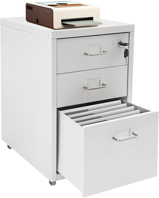 3 Drawer Rolling File Cabinet with Lock, 11 x 16 x 18.3in Filing Cabinet with Wheels, Wood Under Desk Office Storage Cabinet fits A4, Letter Sized Documents for Home Office (White)