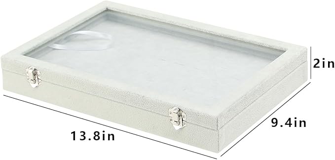 Coward Ring Organizer Jewelry Tray Box, Grey Beige Velvet 100 Slots Ring Display Tray Case with Transparent Glass Lid for Home Use or Store Selling Show