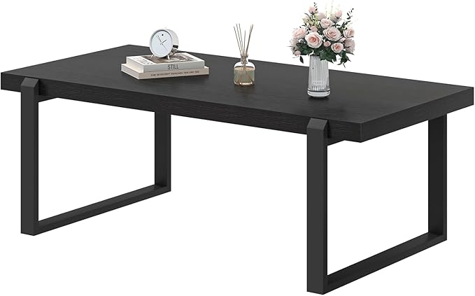EXCEFUR Modern Black Coffee Table, Industrial Wooden and Metal Center Table for Living Room, Rectangle Cocktail Tea Table, Black Oak, 44 Inch