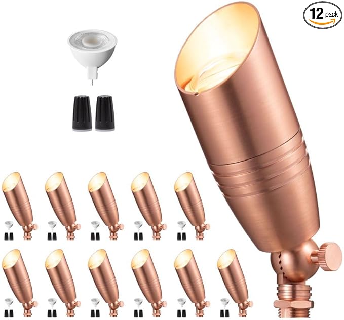 Die-Cast Brass Spot Light Outdoor - 12V LED Uplighting Waterproof, Low Voltage Landscape Lights Direct Wire, Copper for Fence Fountain with Warm White MR16 Replaceable Bulbs (12 Pack)