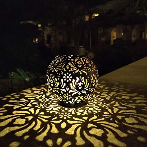 2 Pack Outdoor Solar Hanging Lantern Lights Metal LED Decorative Lamp for Garden Patio Courtyard Lawn and Table with Hollowed-Out Design (Black)