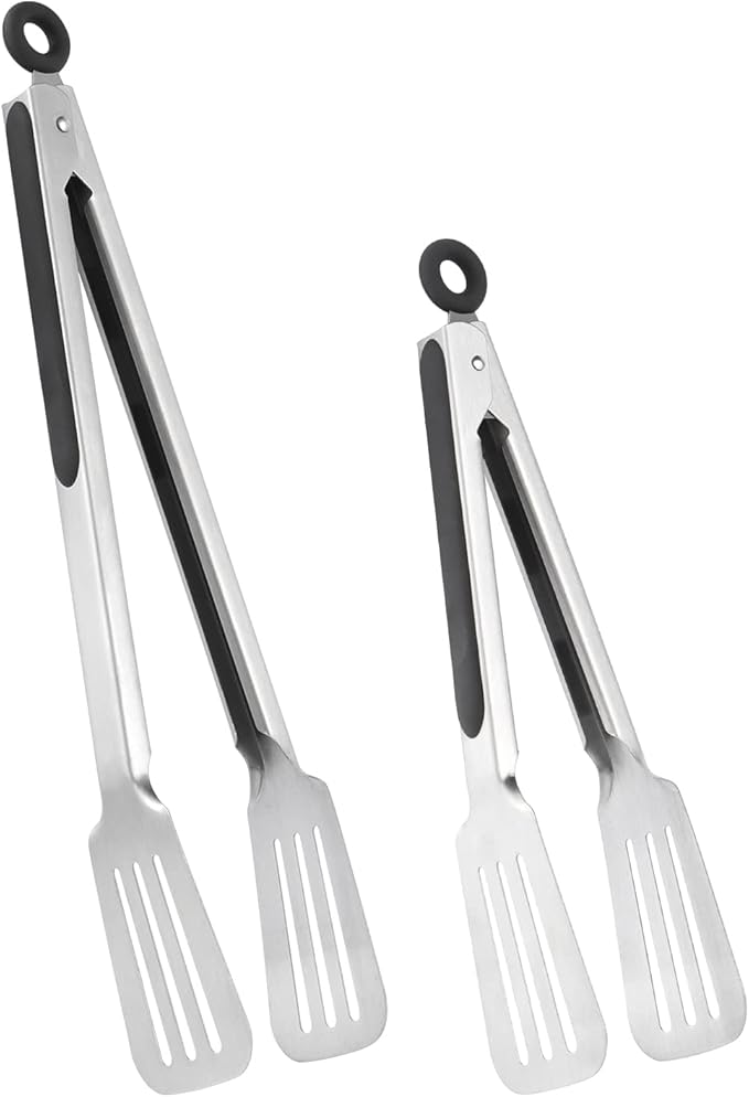 Metal Tongs for Cooking, Set of 2 Stainless Steel Spatula Tongs for Grilling, Cooking and Flipping, Strong Grip for Ribs, Steak and Fish, Comfortable Grip, Easy Pull Lock, 9 inch & 12 inch