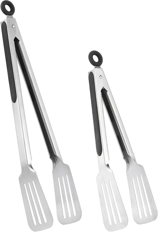 Metal Tongs for Cooking, Set of 2 Stainless Steel Spatula Tongs for Grilling, Cooking and Flipping, Strong Grip for Ribs, Steak and Fish, Comfortable Grip, Easy Pull Lock, 9 inch & 12 inch