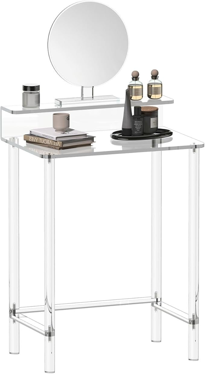Eglaf Acrylic Small Vanity with Mirror - 23.6'' L x 15.8'' W x 33.9'' H - Modern Makeup Vanity Desk for Small Spaces - Clear Makeup Table Dressing Table, for Bedroom, Cloakroom