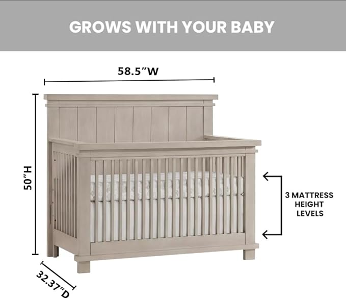 Soho Baby Hampton Premium 4-in-1 Convertible Crib, Flat-Top Headboard, Smooth Stone Wash, GreenGuard Gold Certified
