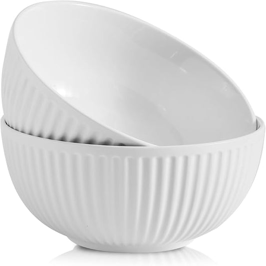 Hasense Large Salad Bowls of 2, Porcelain 60 Oz Serving Bowl 8 Inch for Kitchen Dining,Elegant Ribbed White Ceramic Dishes for Party,Soup,Pho,Pasta,Cereal,Fruit - Dishwasher & Microwave Safe