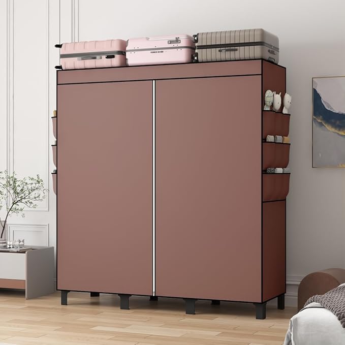 Portable Closet, Clothes Storage Box, Simple Wardrobe for Hanging Clothes, Multiple Shelves and 3 booms,6 Side Pockets (Grey) (Coffee, Large)