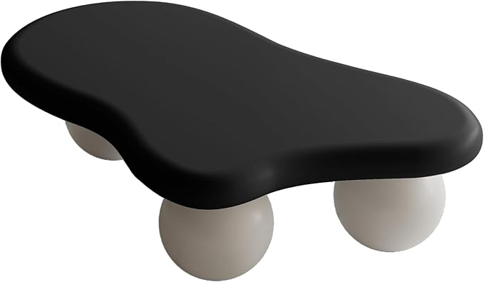 40 Inch Cloud Shaped Coffee Table with 3 Ball Legs for Living Room Black Top White Legs