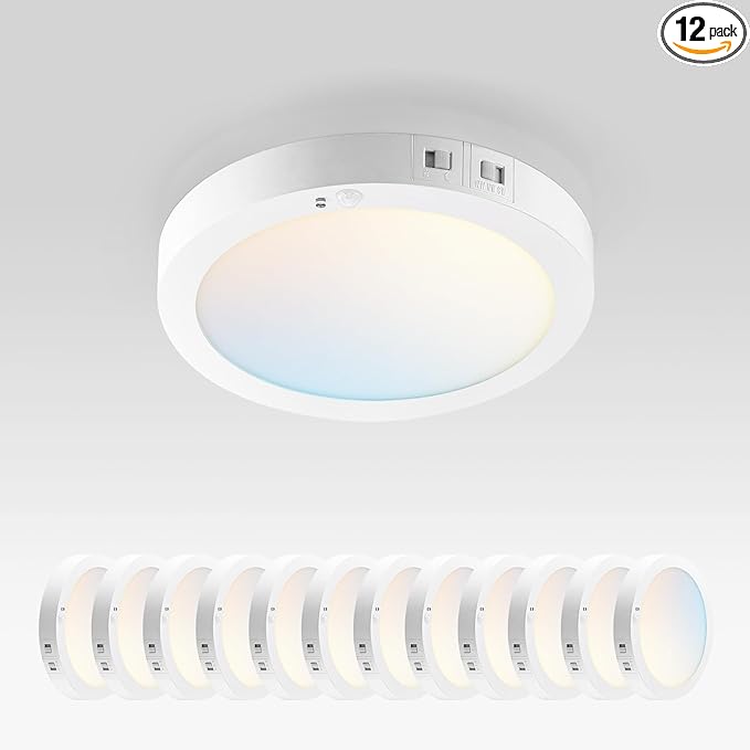 ASD LED 7" Round Flush Mount Ceiling Light Fixture, Low Profile Surface Lighting | 5CCT, Motion Sensored, Ultra-Thin, ETL Listed | 15W 900LM 2700-6000K 120V | Kitchen, Hallway Lamp | White, 12 Pack