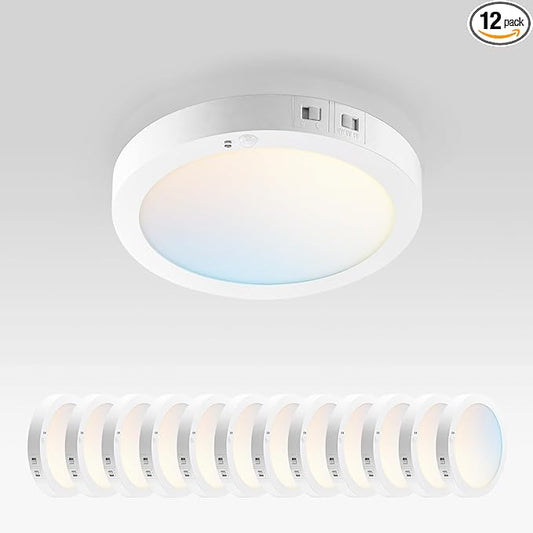 ASD LED 7" Round Flush Mount Ceiling Light Fixture, Low Profile Surface Lighting | 5CCT, Motion Sensored, Ultra-Thin, ETL Listed | 15W 900LM 2700-6000K 120V | Kitchen, Hallway Lamp | White, 12 Pack