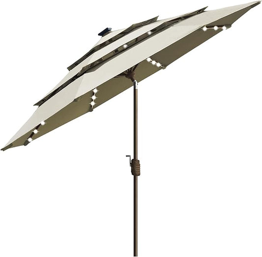 EliteShade USA 10-Year-Non-Fading Solar 9ft 3 Tiers Market Umbrella with 80 LED Lights Patio Umbrellas Outdoor Table with Ventilation,Antique Beige