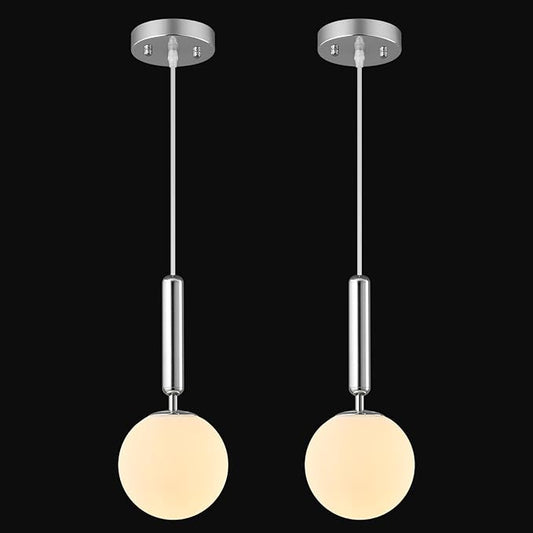 Modern Hanging Light Fixture Pendant Lighting for Kitchen Island Mid Century Chrome Pendant Lights with Globe Milky White Glass Pendant Light for Bedroom Bathroom Entryway (2 Pack)