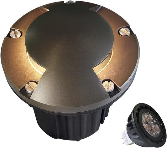 MALORY Brass Top Cover Landscape Well Lights,(5''H) 12V Low Voltage Outdoor In Ground Lights,Landscape Lighting for Pathway, Driveway and Garden (Two-Direction Turret, 1-Pack with Bulb)
