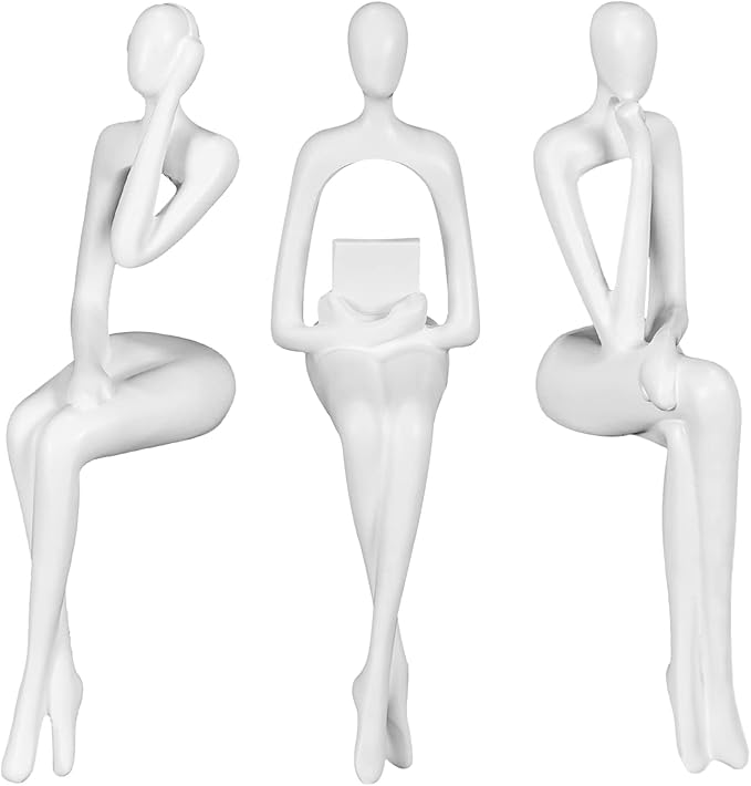 Thinker Statue Gold Decor Abstract Art Sculpture, Golden Resin Collectible Figurines for Home Living Room Office Shelf Decoration,Great Gifts Ideas (Sitting Posture-White)