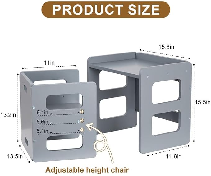 Montessori Weaning Table and Chair Set for Toddler and Baby, Kids Table and Chair Set- Solid Wood Toddler Furniture with Adjustable Height, Step Stool, for 1-3 Year Old Kids - Grey