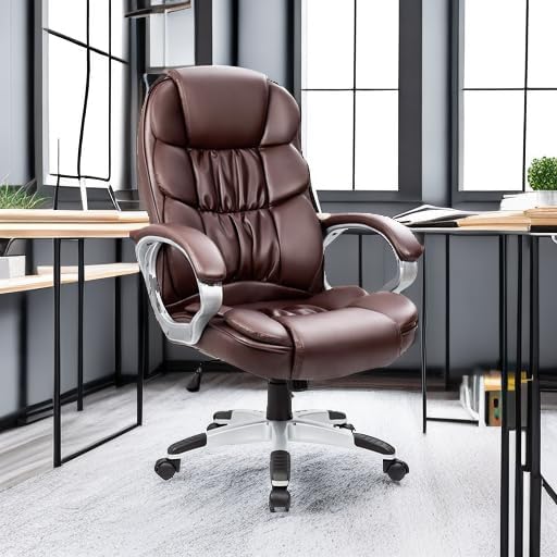 Homall Office Chair High Back Computer Chair Ergonomic Desk Chair, PU Leather Adjustable Height Modern Executive Swivel Task Chair with Padded Armrests and Lumbar Support (Brown)