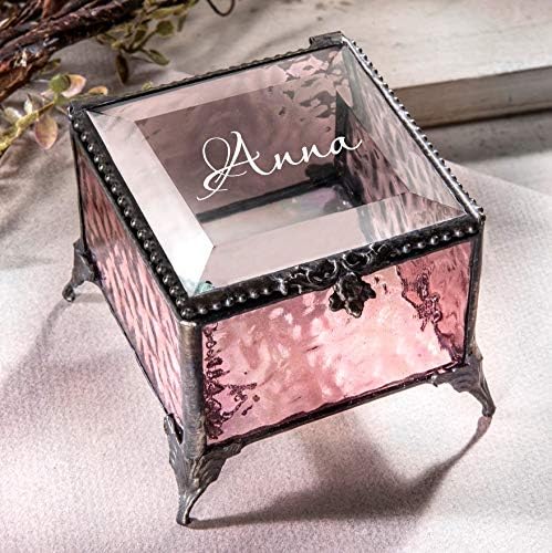 Personalized Pink Rose Glass Box Decorative Vanity Display Case Storage Jewelry Organizer Keepsake Gift for Her Girl Women Pink Vintage Decor J Devlin Ellen Box 903 EB245