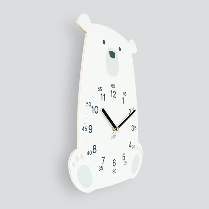 Silent Kids Wall Clock - Animal Wooden Clock for Home, Nursery, Office, Baby Room - Non-Ticking, Decorative, Cute (White Polar Bear)