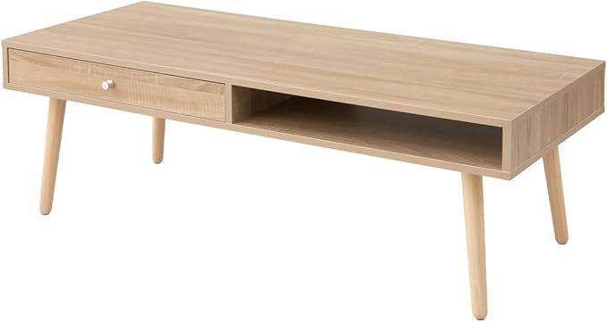 EMOOR Wooden Small Coffee Table with Storage Rectangle Large (47.2"x19.7") Oak, Floor Sitting Low Table Small Space Minimalist Japanese Tatami Room