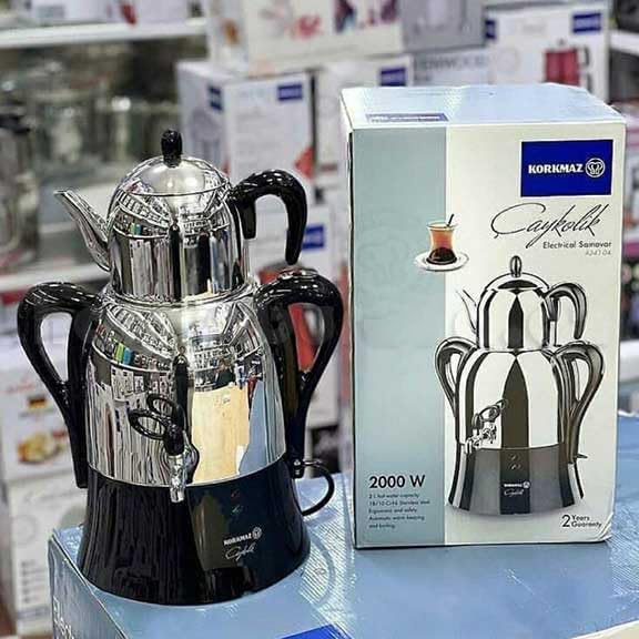 Korkmaz Caykolik A341-14 Stainless Steel Samovar, Upper Pot 1.1 L (37.1 Oz), Bottom Pot 3 L (101.4 Oz) Electric Turkish Tea Maker Set, Double Pots, Inox, Chrome, Black 110 V US Plug, 4.3- Quart