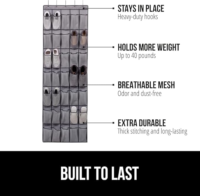 GORILLA GRIP Over the Door Shoe Organizer, 35 Large Breathable Mesh Pockets, Space Saving Hanging Storage Holder, 5 Hook Closet Rack Hanger, Hangs on Closets for Shoes, Accessories 68.5H x 24.5W Gray