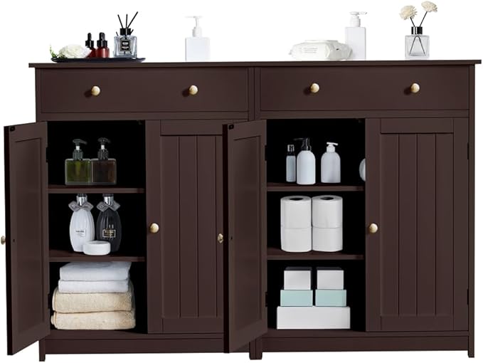 Yaheetech Set of 2 Bathroom Storage Cabinet with 1 Drawer, Freestanding Bathroom Cabinet with 2 Doors and 3-Level Adjustable Shelf, Modern Furniture for Laundry Room, Corridor, Espresso