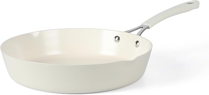 Martha Stewart Heathland 9.5 Inch Aluminum Cookware Non-Toxic Premium Ceramic Non Stick Frying Pan, Kitchen Egg Pan, Omelet, Pots and Pans, Linen White, Induction Safe