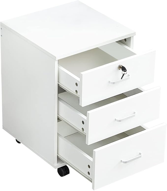 Mobile File Cabinet with Lockable Drawer, 3-Drawers Under Desk Storage Cabinet with 360°Swivel Wheels, Wooden Stationery Storage Cabinet for Legal/Letter/ A4 Documents (White)