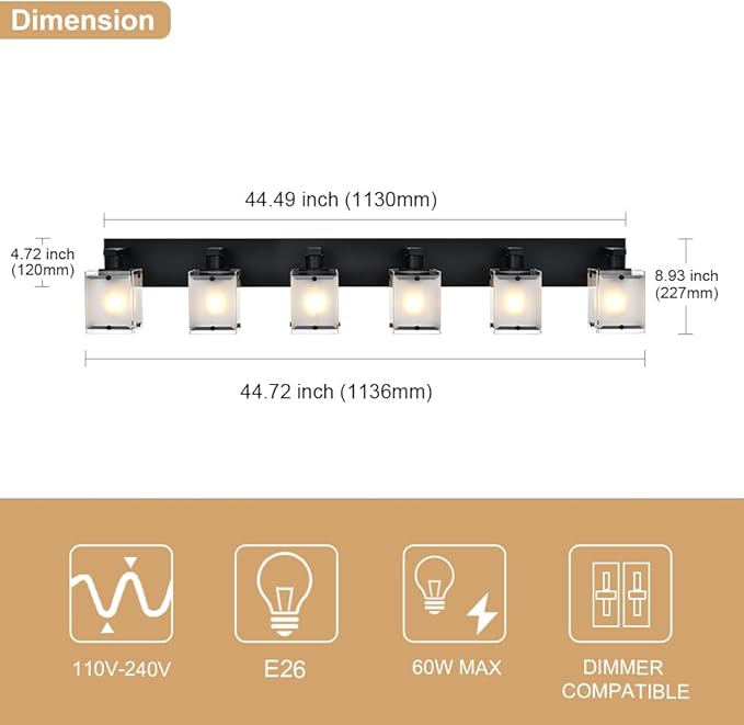 Bathroom Vanity Light Fixture, 6-Lights Modern Vanity Lighting Over Mirror with Frosted Glass Shades, Wall Mount Lamp for Bath Living Room, E26 Bulb Base