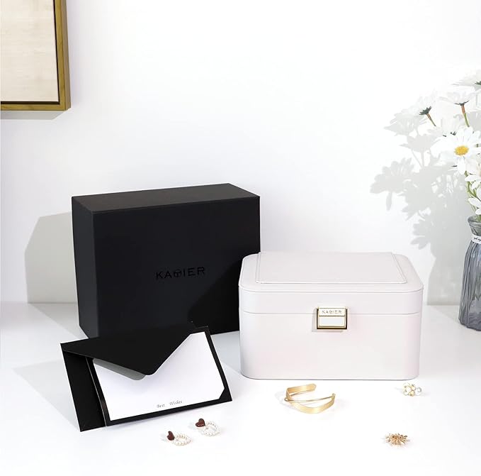 KAMIER Jewelry Box Organizer for Women,2 Layer Jewelry Organizer Boxes for Earrings Bracelets Rings Necklaces,Luxury Leather & Soft Velvet Lined,Gift Box Packaging, White