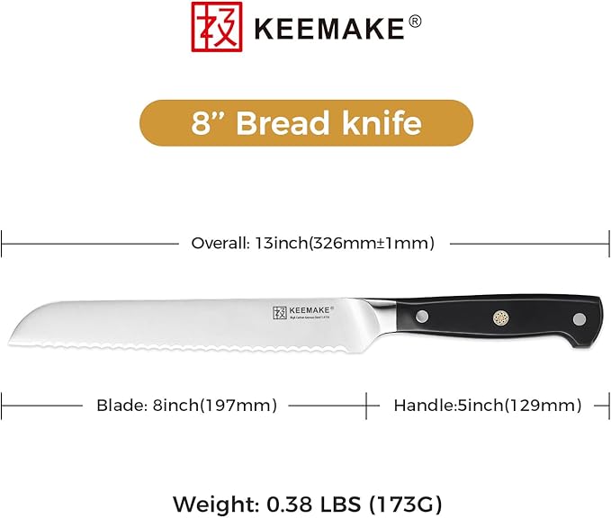 KEEMAKE 8 Inch Serrated Bread Knife for Homemade Bread, High Carbon Stainless Steel Razor Sharp Carving Knife, Sourdough Knife for Slicing Homemade Bread, Bagels, Cake