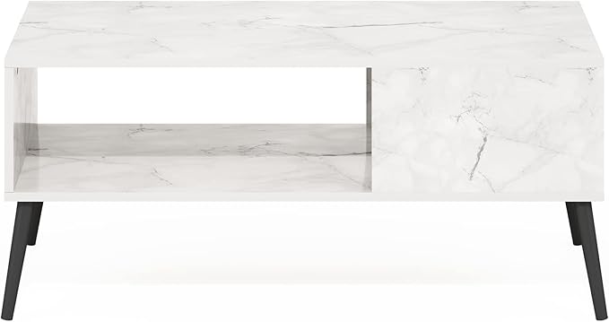 Furinno Claude Mid Century Style Coffee Table with Wood Legs, Marble White